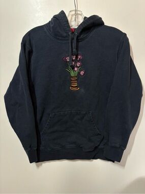 Rare Supreme Heavyweight Navy Purple Pullover Hoodie Embroidered Floral Graphic